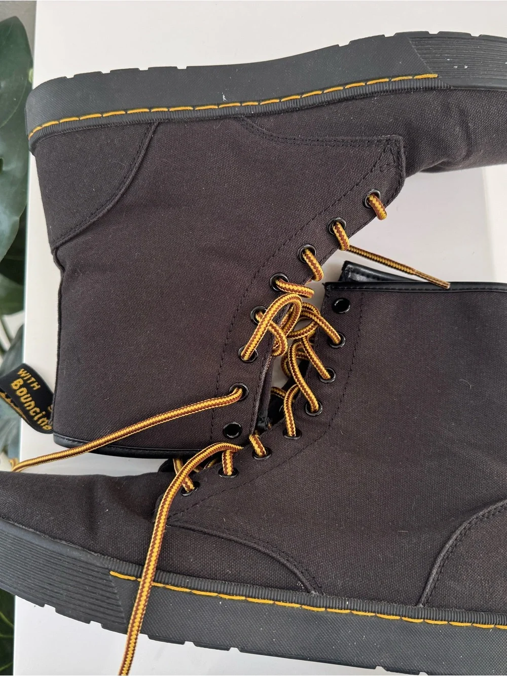 Dr. Martens Black Lace-Up Combat Boot with Yellow Heel Loop